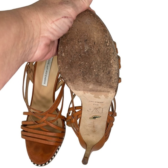 Diane von Furstenberg Tan Leather Strappy Slingback Stiletto Sexy Heels SZ 8.5 B - Picture 8 of 11